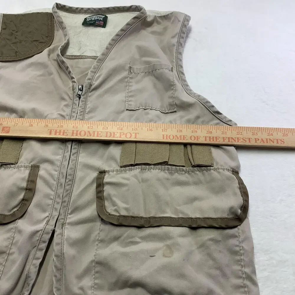 Saf-T-Bak Vest Mens Medium Beige Canvas Quilted Hunting Full Zip Pockets USA